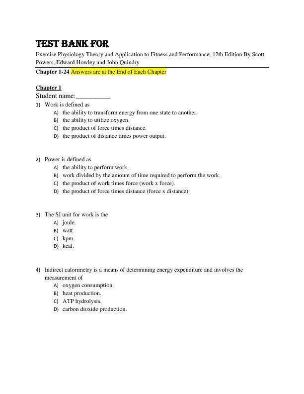 Test Bank For Exercise Physiology Theory and Application to Fitness and Performance, 12th Edition By Scott Powers, Edward Howley and John Quindry Chapter 1-24