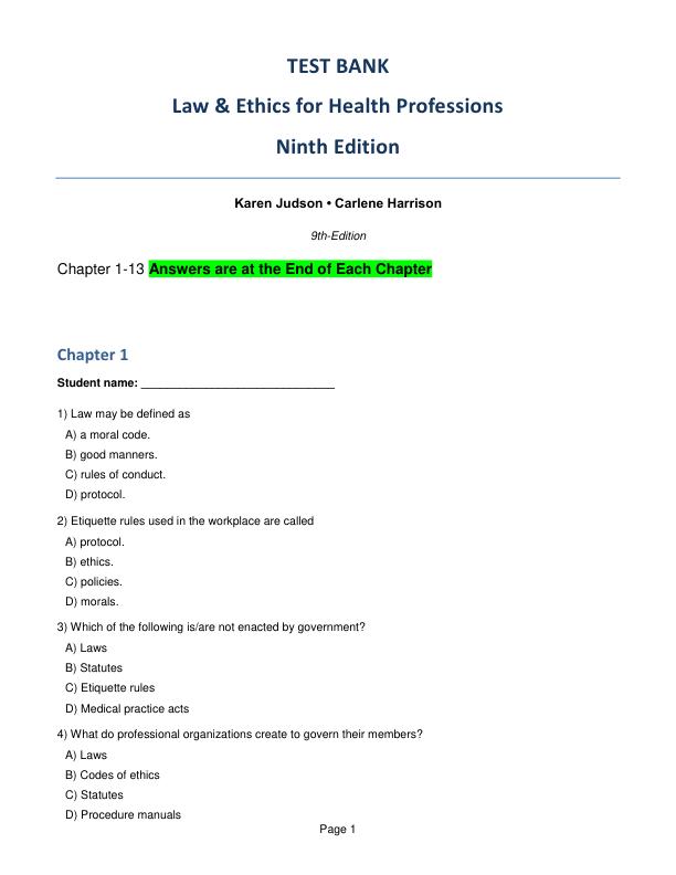 Test Bank For Law & Ethics for Health Professions 9th Edition by Karen Judson, Carlene Harrison and Tammy Albright