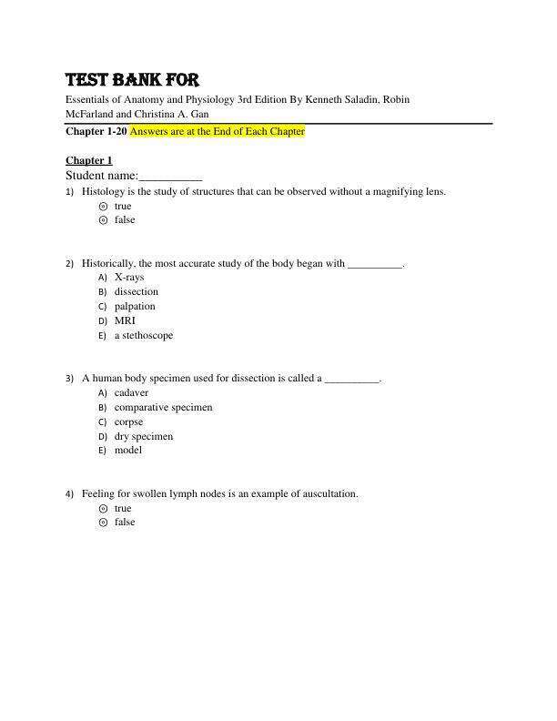 Test Bank For Essentials of Anatomy and Physiology 3rd Edition By Kenneth Saladin, Robin McFarland and Christina A. Gan Chapter 1-20