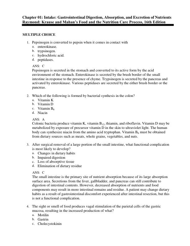 Test Bank For Krause and Mahan’s Food and the Nutrition Care Process, 16th Edition by Janice L Raymond Chapter 1-45