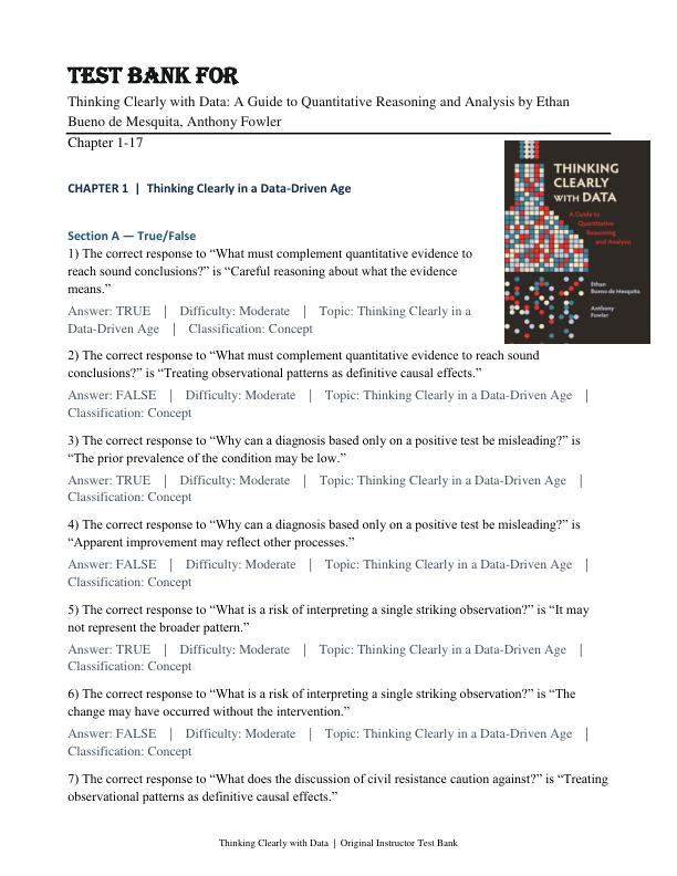 TEST BANK FOR Thinking Clearly with Data A Guide to Quantitative Reasoning and Analysis by Ethan Bueno de Mesquita, Anthony Fowler Chapter 1-17