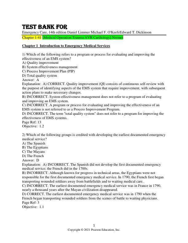 Test Bank For Emergency Care, 14th Edition by Daniel Limmer Michael F. O'KeefeEdward T. Dickinson Chapter 1-41