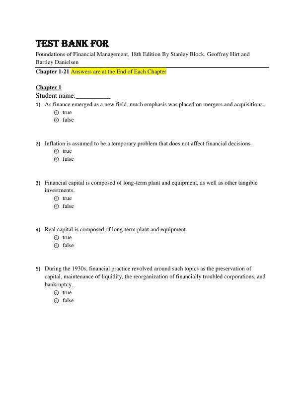Test Bank For Foundations of Financial Management, 18th Edition By Stanley Block, Geoffrey Hirt and Bartley Danielsen Chapter 1-21