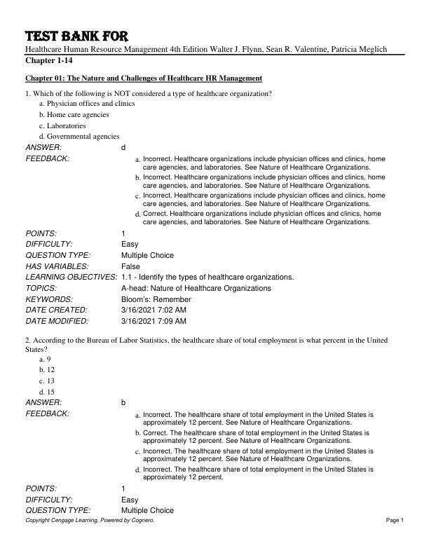 Test Bank For Healthcare Human Resource Management 4th Edition by Walter J. Flynn, Sean R. Valentine, Patricia Meglich Chapter 1-14