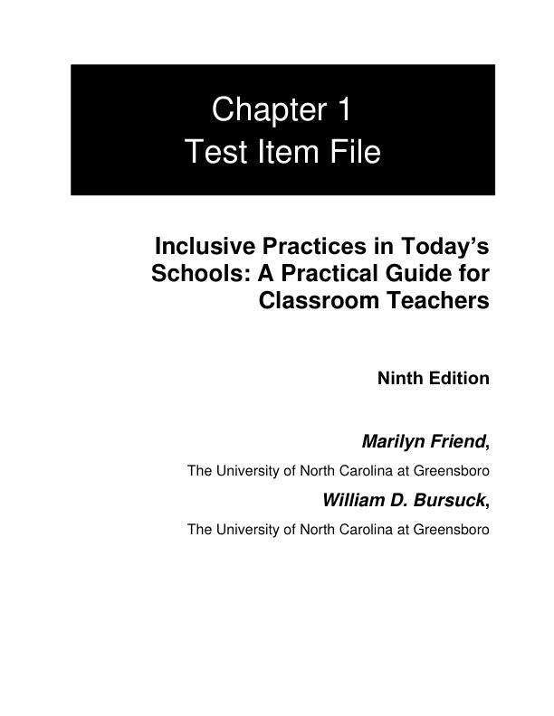 Test Bank For Inclusive Practices in Today's Schools A Practical Guide for Classroom Teachers, 9th Edition by Marilyn Friend William D. Bursuck Chapter 1-12