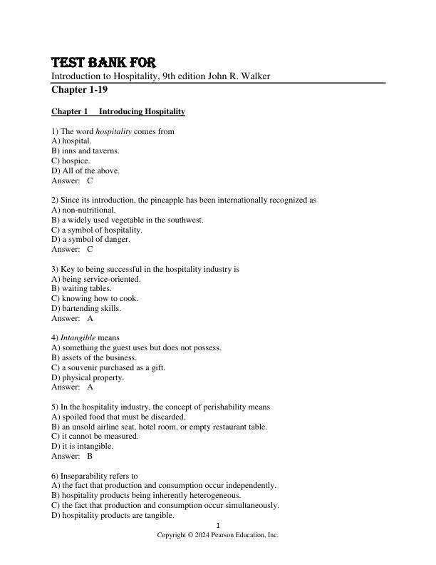 Test Bank For Introduction to Hospitality, 9th Edition by John R. Walker Chapter 1-19