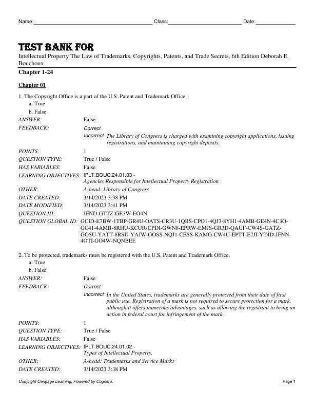 Test Bank For Intellectual Property The Law of Trademarks, Copyrights, Patents, and Trade Secrets, 6th Edition by Deborah E. Bouchoux Chapter 1-24