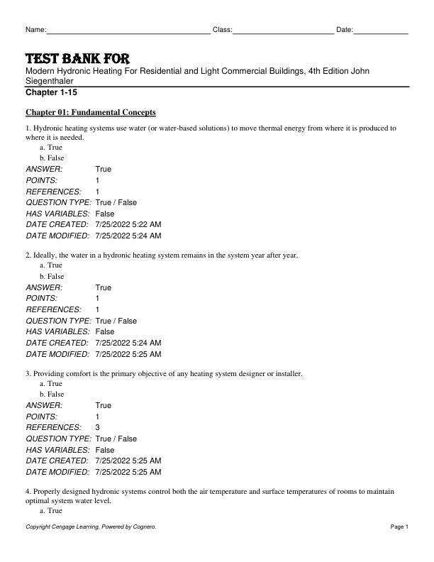 Test Bank For Modern Hydronic Heating For Residential and Light Commercial Buildings, 4th Edition by John Siegenthaler Chapter 1-15