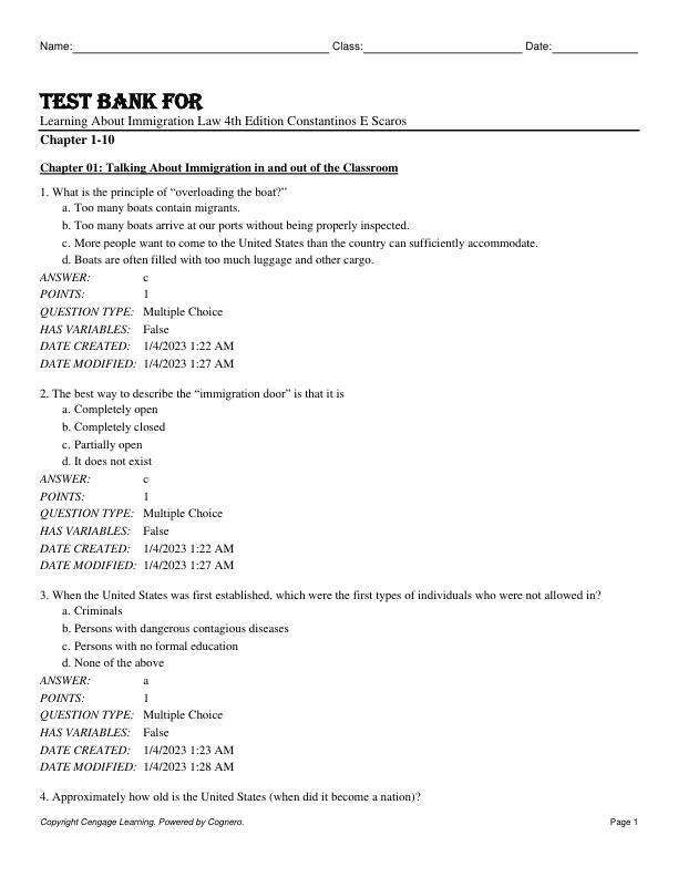 Test Bank For Learning About Immigration Law 4th Edition by Constantinos E Scaros Chapter 1-10