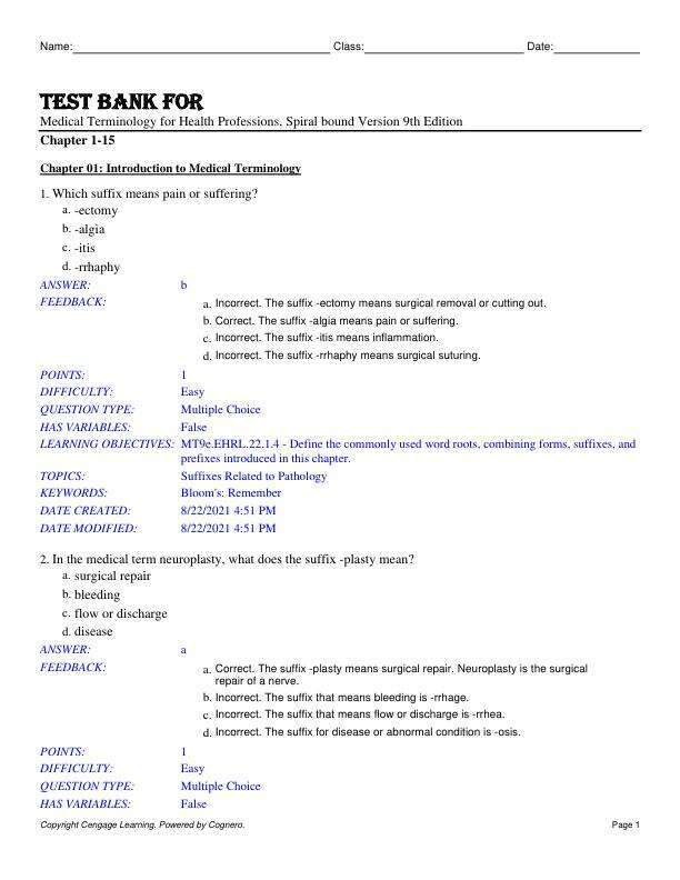 Test Bank For Medical Terminology for Health Professions, Spiral bound Version 9th Edition by Chapter 1-15 With Answers Key not uplodeds