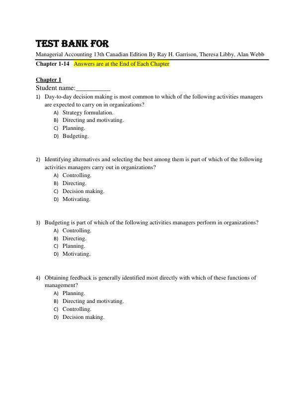 Test Bank For Managerial Accounting 13th Canadian Edition By Ray H. Garrison, Theresa Libby, Alan Webb Chapter 1-14