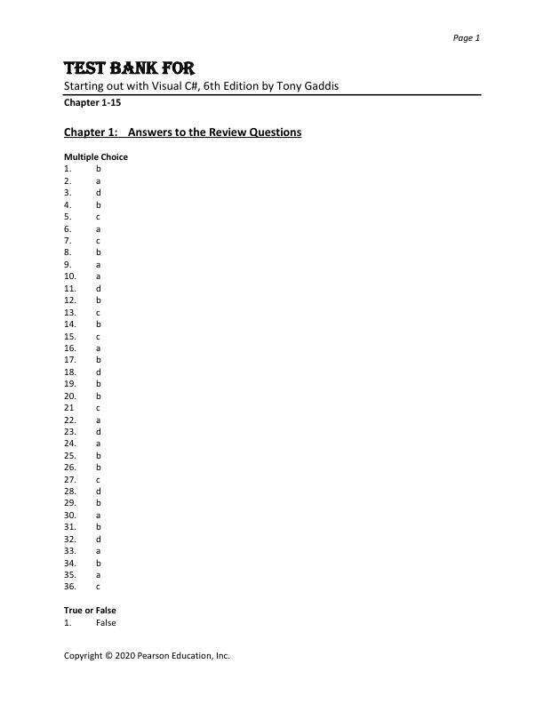 Test Bank For Starting out with Visual C#, 6th Edition by Tony Gaddis Chapter 1-15