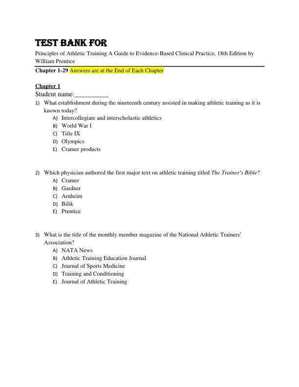 Test Bank For Principles of Athletic Training A Guide to Evidence-Based Clinical Practice, 18th Edition by William Prentice Chapter 1-29