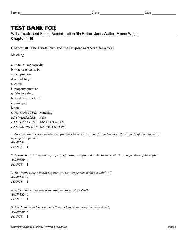 Test Bank For Wills,Trusts, and Estate Administration 9th Edition by Janis Walter, Emma Wright Chapter 1-15