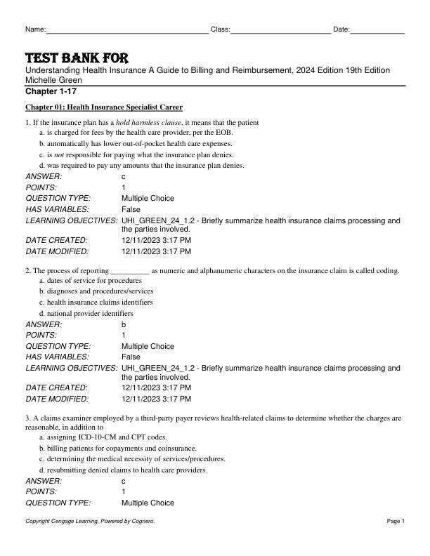 Test Bank For Understanding Health Insurance A Guide to Billing and Reimbursement, 2024 Edition 19th Edition by Michelle Green Chapter 1-17