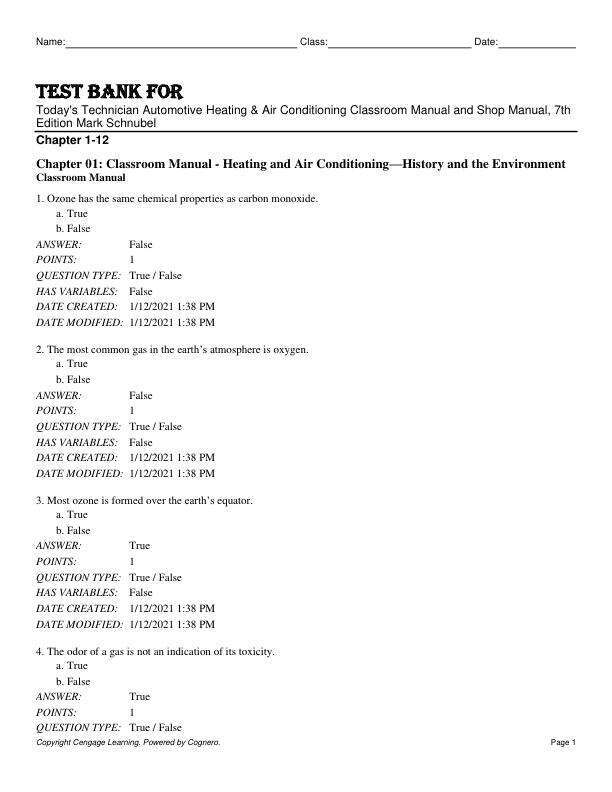 Test Bank For Today's Technician Automotive Heating & Air Conditioning Classroom Manual and Shop Manual, 7th Edition by Mark Schnubel Chapter 1-12