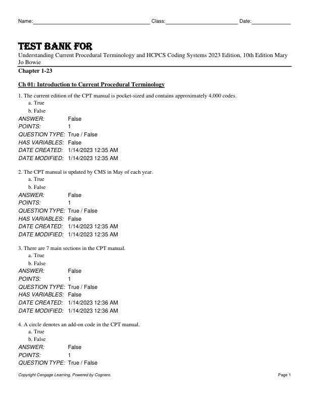 Test Bank for Understanding Current Procedural Terminology and HCPCS Coding Systems 2023 Edition, 10th Edition by Mary Jo Bowie Chapter 1-23