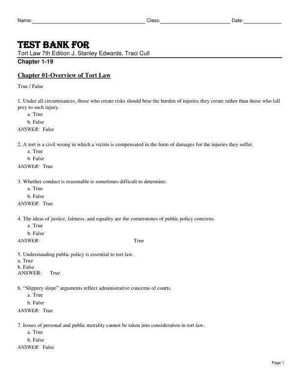 Test Bank For Tort Law 7th Edition by J. Stanley Edwards, Traci Cull Chapter 1-19