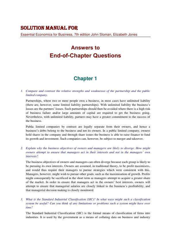 Answers to all end of chapter questions Essential Economics for Business, 7th Edition by John Sloman, Elizabeth Jones