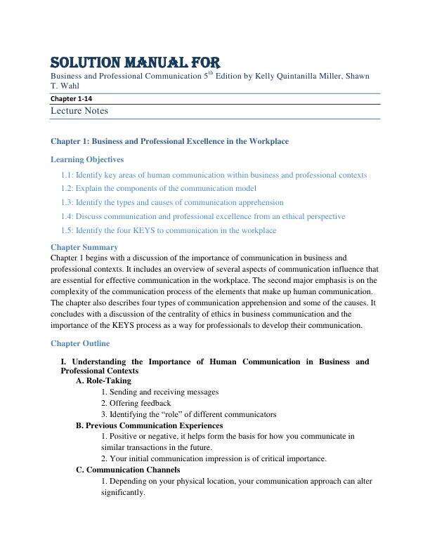 Solution Manual For Business and Professional Communication 5th Edition by Kelly Quintanilla Miller Shawn T. Wahl Chapter 1-14