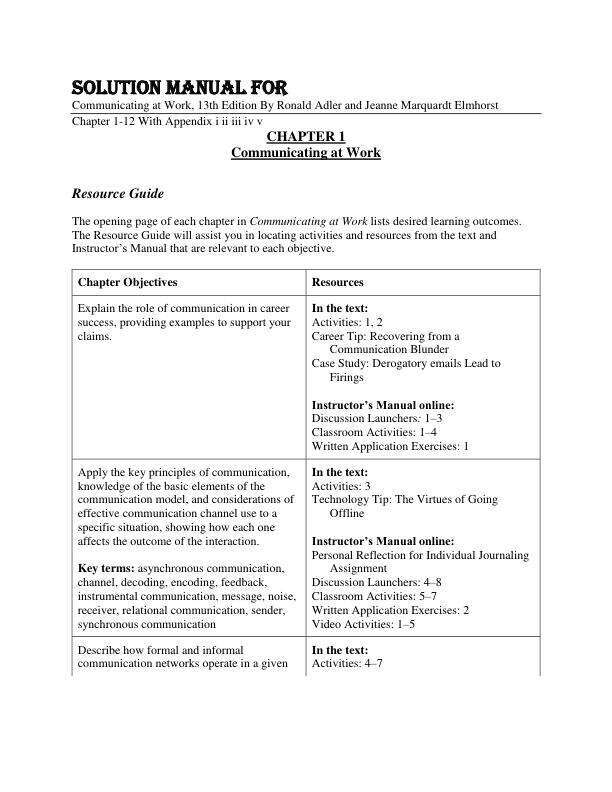 Solution Manual For Communicating at Work, 13rd Edition By Ronald Adler and Jeanne Marquardt Elmhorst Chapter 1-12 WithAppendix (i ii iii iv v)
