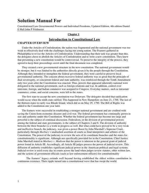 Solution Manual For Constitutional Law Governmental Powers and Individual Freedoms, Updated Edition, 4th Edition by Daniel E Hall John P Feldmeier