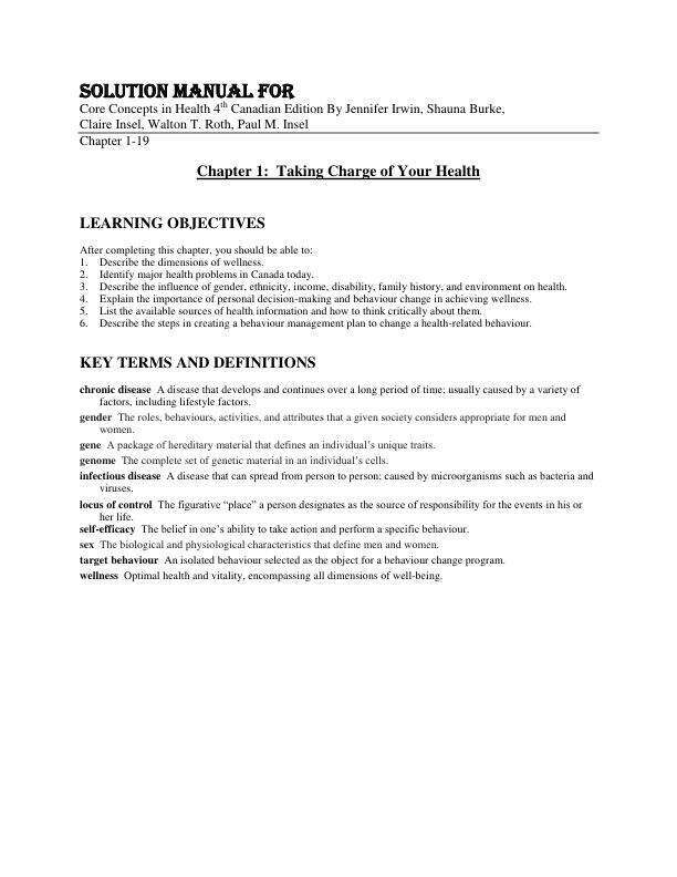 Solution Manual For Core Concepts in Health 4th Canadian Edition By Jennifer Irwin, Shauna Burke, Claire Insel, Walton T. Roth, Paul M. Insel Chapter 1-19