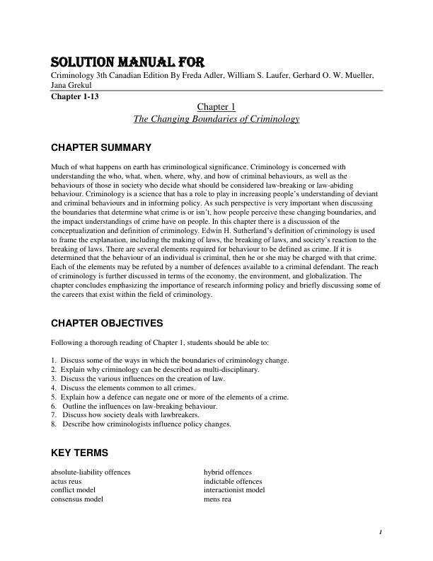 Solution Manual For Criminology 3rd Canadian Edition By Freda Adler, William S. Laufer, Gerhard O. W. Mueller, Jana Grekul Chapter 1-13