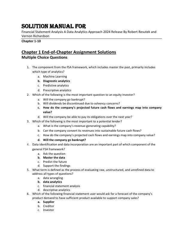 Solution Manual For Financial Statement Analysis A Data Analytics Approach 2024 Release By Robert Resutek and Vernon Richardson Chapter 1-10