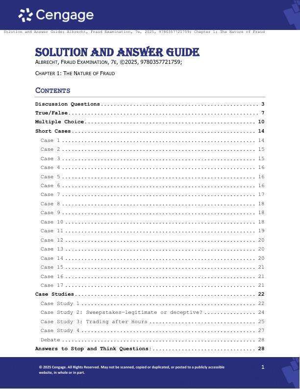 Solution Manual For Fraud Examination 7th Edition by W. Steve AlbrechtChad O. AlbrechtConan C. AlbrechtMark F. Zimbelman Chapter 1-18