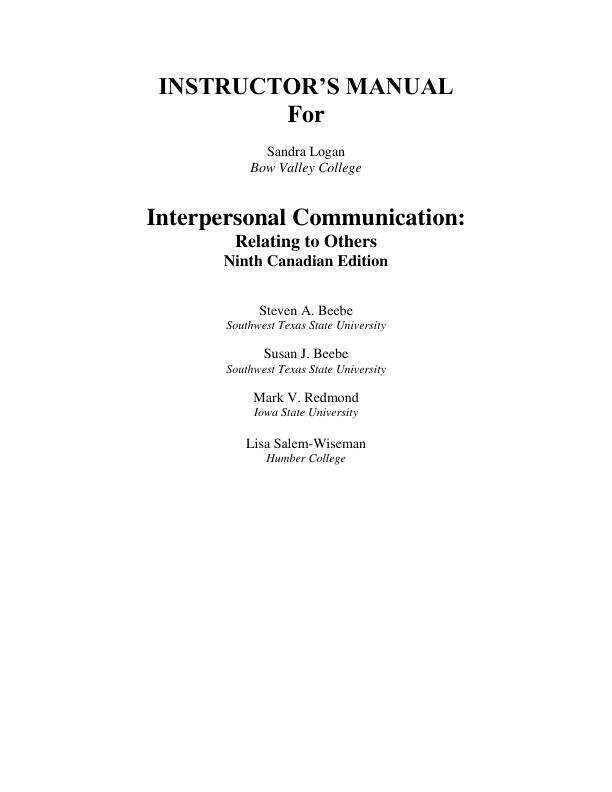 Solution Manual For Interpersonal Communication Relating to Others, Canadian Edition, 9th Edition by Steven A. Beebe, Susan J. Beebe, Mark V. Redmond, Lisa Salem-Wiseman Chapter 11-1
