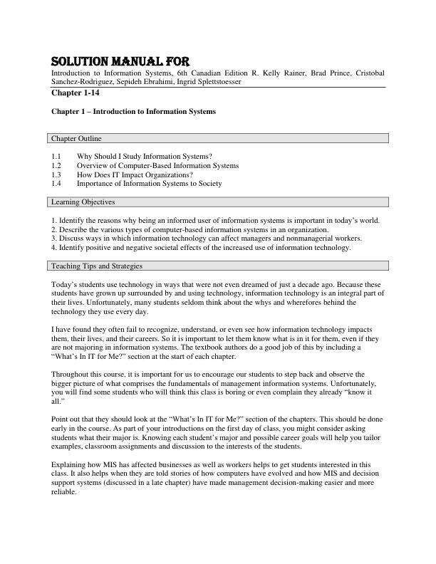 Solution Manual For Introduction to Information Systems, 6th Canadian Edition by R. Kelly Rainer, Brad Prince, Cristobal Sanchez-Rodriguez, Sepideh Ebrahimi, Ingrid Splettstoesser Chapter 1-14