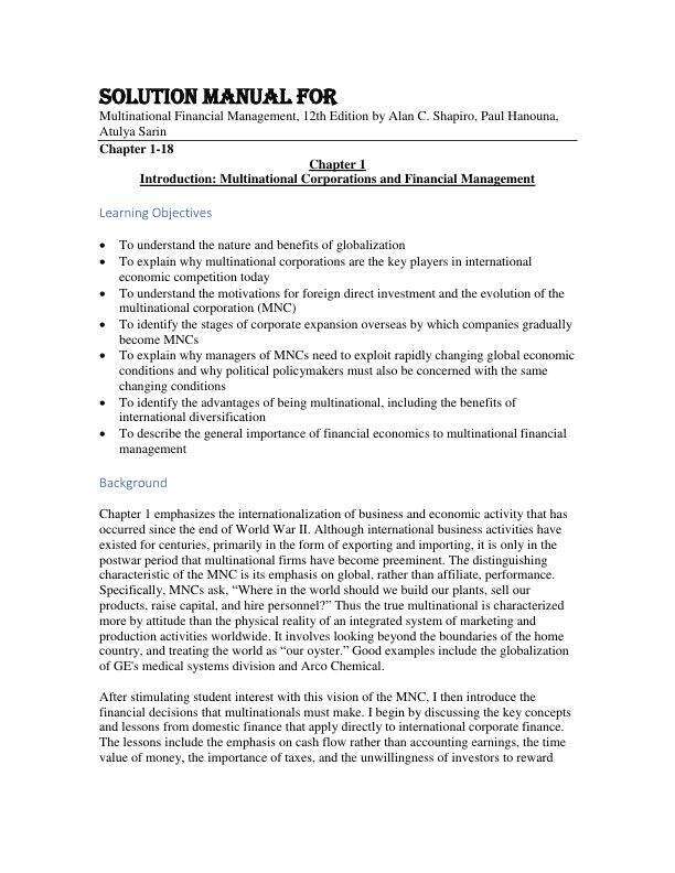 Solution Manual For Multinational Financial Management, 12th Edition by Alan C. Shapiro, Paul Hanouna, Atulya Sarin Chapter 1-18