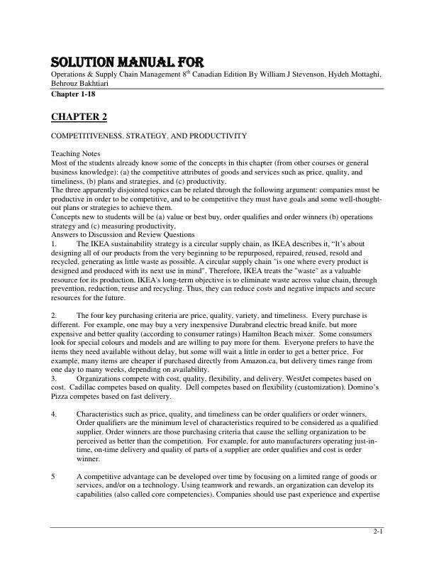 Solution Manual For Operations & Supply Chain Management 8th Canadian Edition By William J Stevenson, Hydeh Mottaghi, Behrouz Bakhtiari Chapter 2-18
