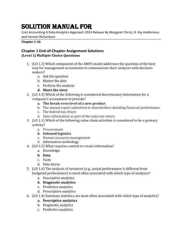 Solution Maunal For Cost Accounting A Data Analytics Approach 2024 Release By Margaret Christ, D. Kip Holderness and Vernon Richardson Chapter 1-10