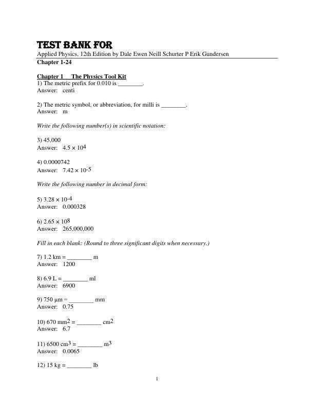 Test Bank For Applied Physics,12th Edition by Dale Ewen Neill Schurter P Erik Gundersen Chapter 1-24