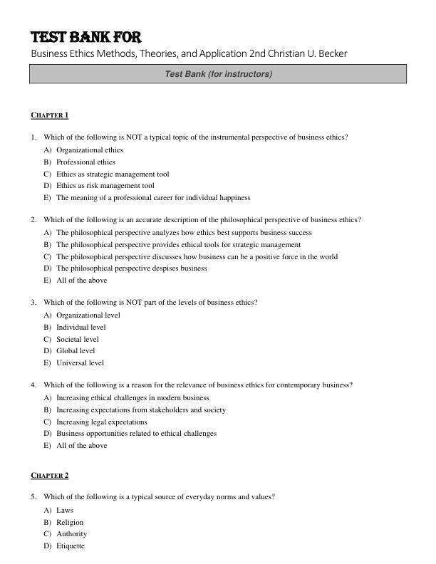 Test Bank For Business Ethics Methods, Theories, and Application 2nd Edition byChristian U. Becker