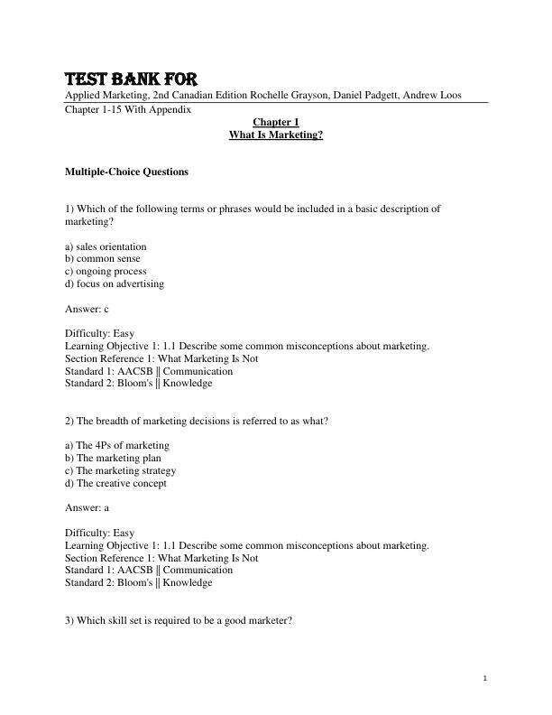 Test Bank For Applied Marketing, 2nd Canadian Edition by Rochelle Grayson, Daniel Padgett, Andrew Loos Chapter 1-15 With Appendix