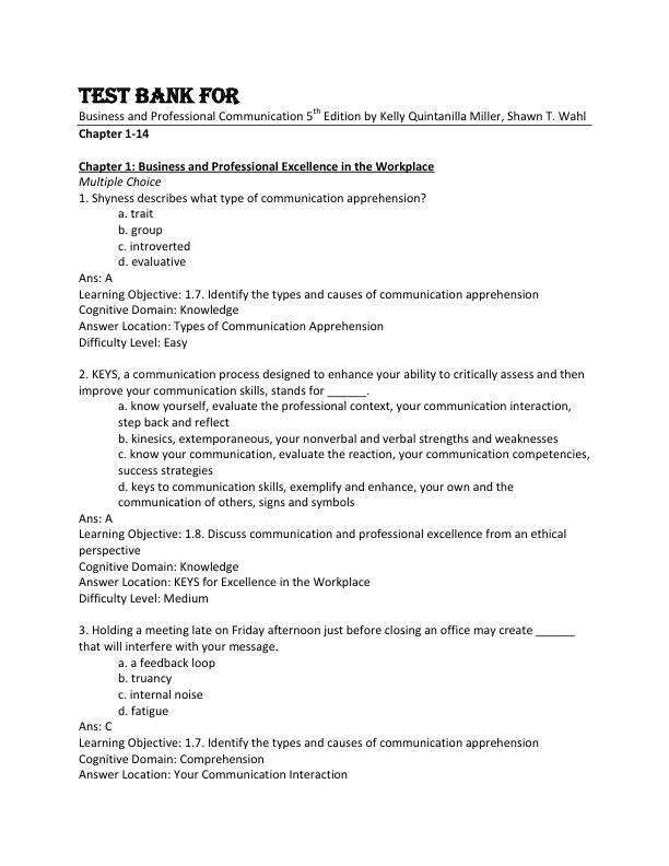 Test Bank For Business and Professional Communication 5th Edition by Kelly Quintanilla Miller Shawn T. Wahl Chapter 1-14