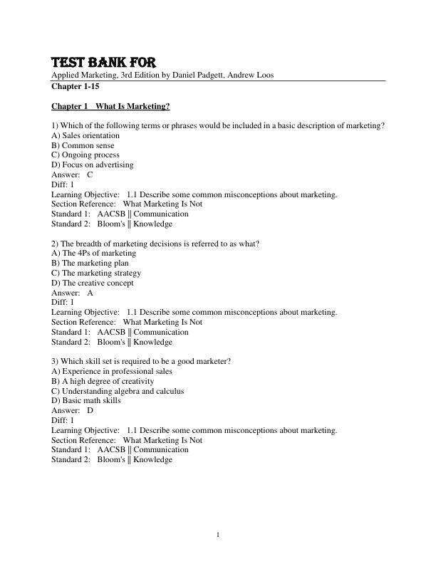 Test Bank For Applied Marketing, 3rd Edition by Daniel Padgett, Andrew Loos Chapter 1-15 With Appendix