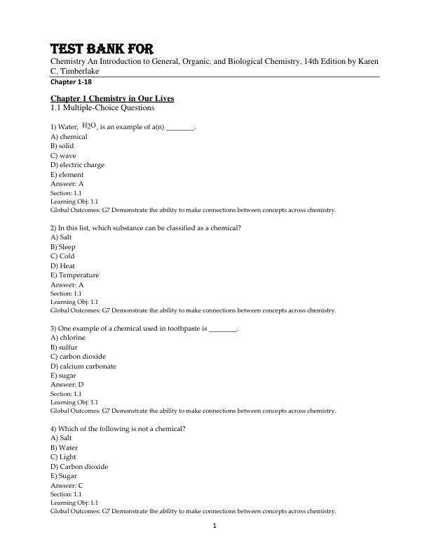 Test Bank For Chemistry An Introduction to General, Organic, and Biological Chemistry, 14th Edition by Karen C. Timberlake Chapter 1-18