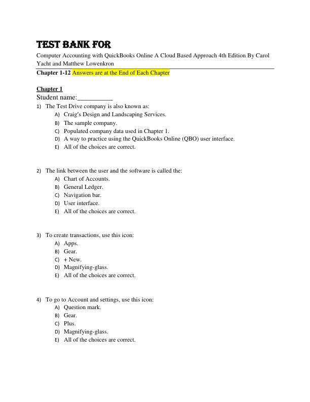 Test Bank For Computer Accounting with QuickBooks Online A Cloud Based Approach 4th Edition By Carol Yacht and Matthew Lowenkron Chapter 1-12