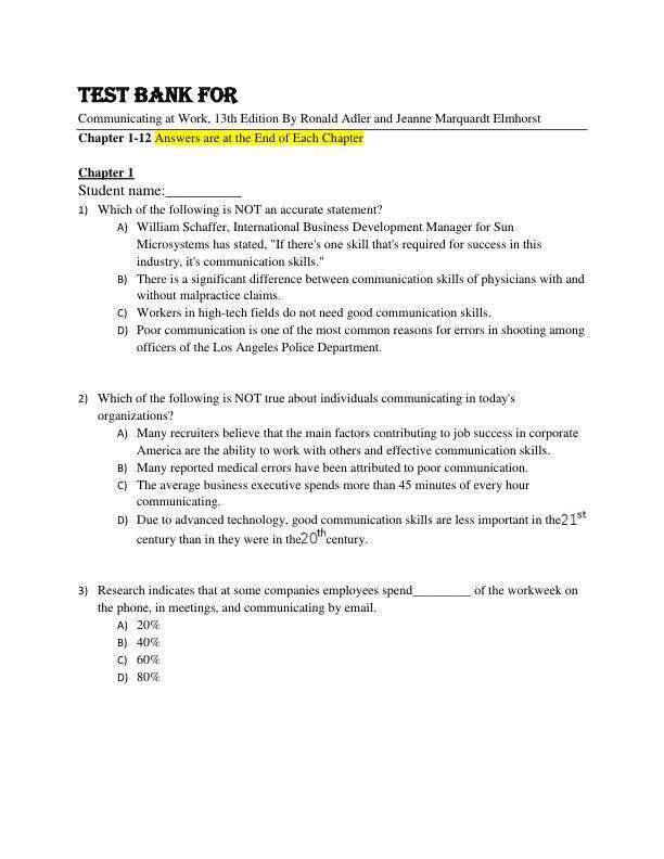 Test Bank For Communicating at Work, 13rd Edition By Ronald Adler and Jeanne Marquardt Elmhorst Chapter 1-12