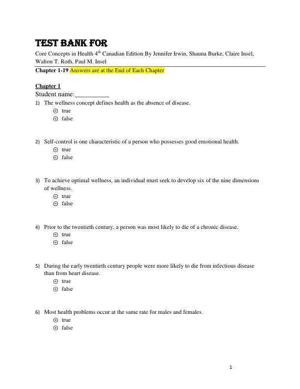 Test Bank For Core Concepts in Health 4th Canadian Edition By Jennifer Irwin, Shauna Burke, Claire Insel, Walton T. Roth, Paul M. Insel Chapter 1-19