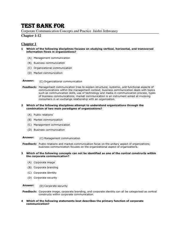 Test Bank For Corporate Communication Concepts and Practice  Jaishri Jethwaney Chapter 1-12