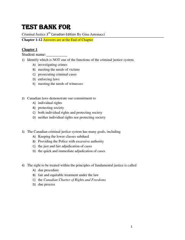 Test Bank For Criminal Justice 3rd Canadian Edition By Gina Antonacci Chapter 1-12