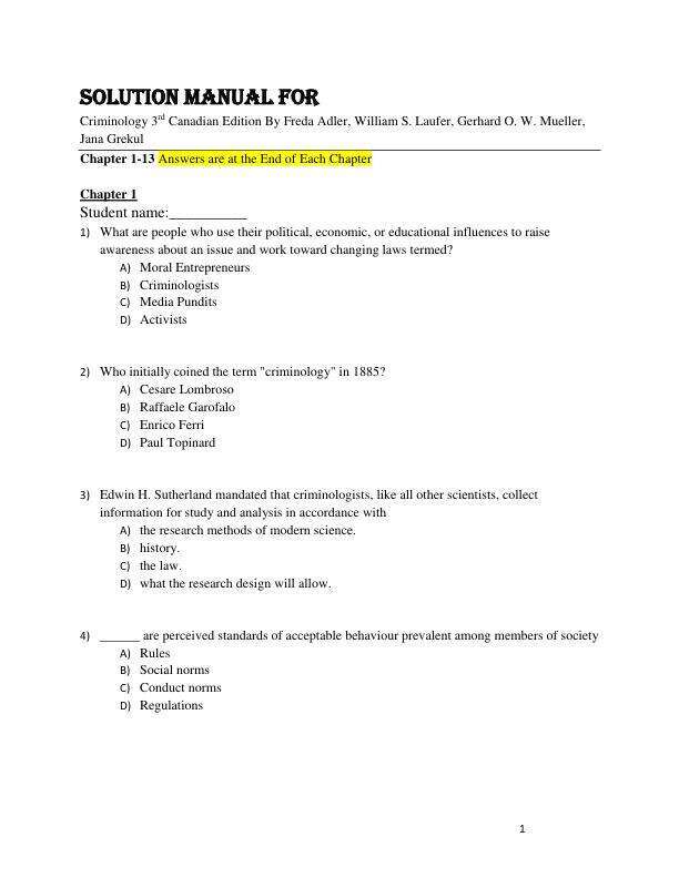 Test Bank For Criminology 3rd Canadian Edition By Freda Adler, William S. Laufer, Gerhard O. W. Mueller, Jana Grekul Chapter 1-13