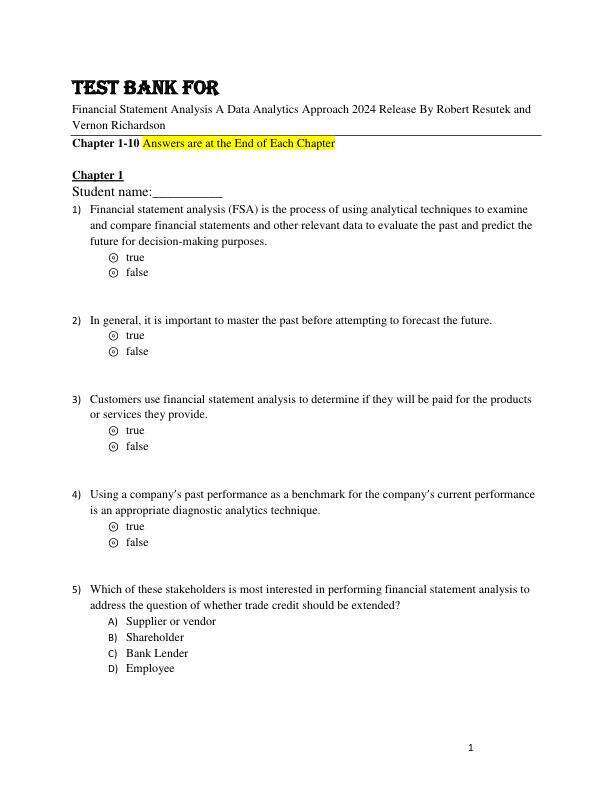 Test Bank For Financial Statement Analysis A Data Analytics Approach 2024 Release By Robert Resutek and Vernon Richardson Chapter 1-10