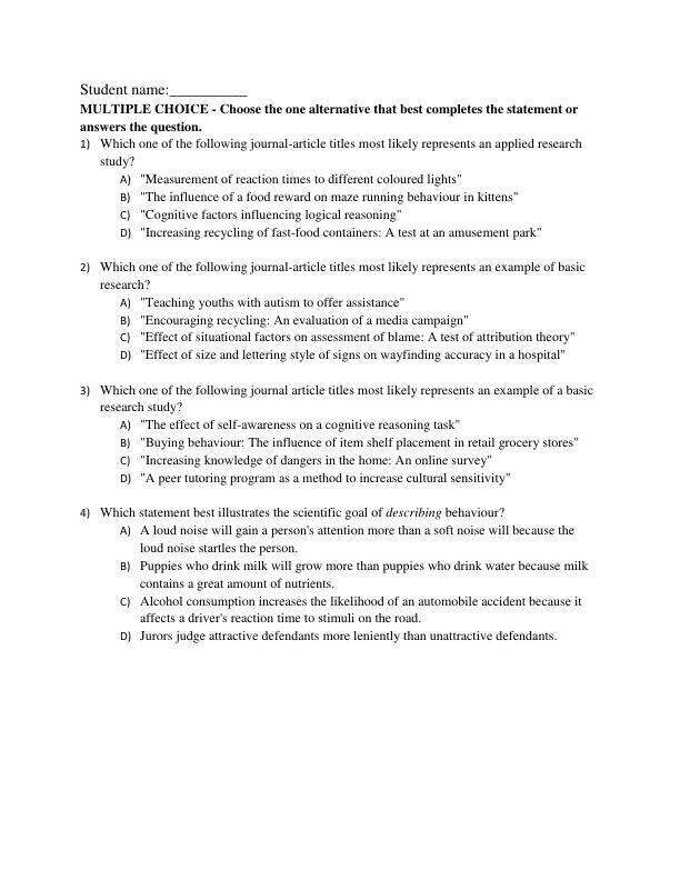 Test Bank For Methods In Behavioural Research 4th Canadian Edition By Paul C. Cozby, Raymond A. Mar, Scott Bates Chapter 1-15