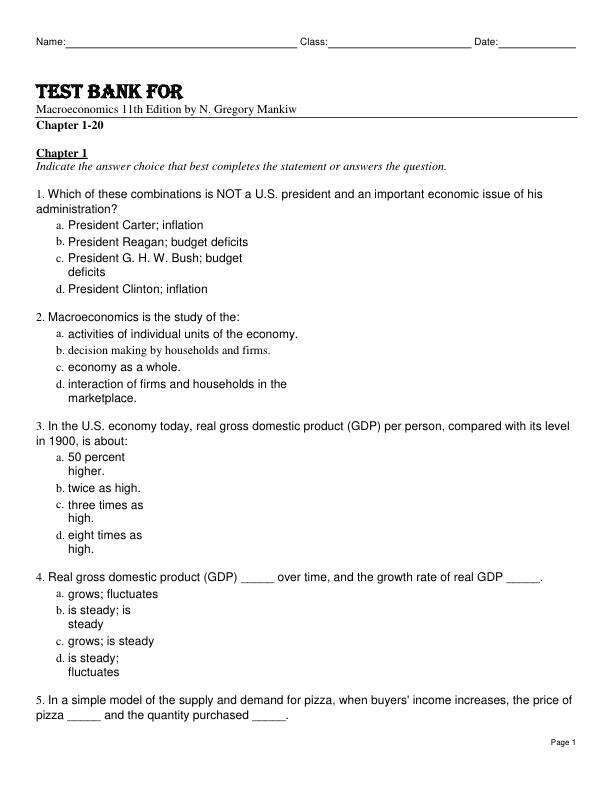Test Bank For Macroeconomics 11th Edition by N. Gregory Mankiw Chapter 1-20